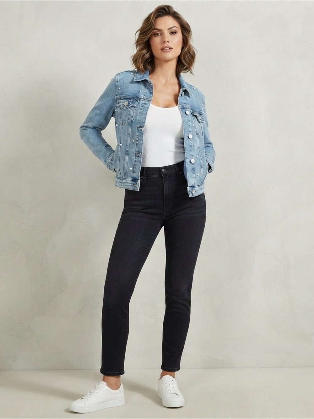 GUESS Pearl Denim Jacket Vintage Y2K Light Wash Embellished Cropped Jean Coat S